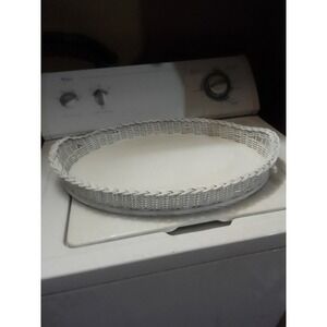 VTG White Hand Woven Wicker Oval Double Handled Tray 20" X 15"